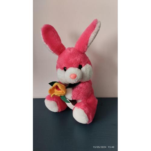 Vintage Peluche Lapin Rose Fuchsia Fleurs Jaune Maxita