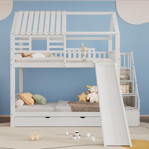 Loongyoon Lit Superposé Avec Escalier Et Toboggan, Escalier Avec Espace De Rangement, Structure En Pin Et Mdf, Lit Enfant Avec Fenêtre Et Toit, Avec Porte Antichute Et Tiroirs, Blanc, 90x200cm*2