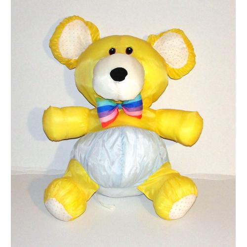 Peluche Ours Jaune Bleu Clair Noeud Papillon Coloré Doudou Ours En Toile Style Puffalump 42 Cm