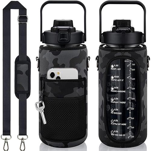 Camo-Schwarz Housse Pour Bouteille D'eau Et Sangle Pour Un Demi-Gallon - 64 Oz Avec Sangle, Bouteille D'eau Étanche Avec Support De Téléphone Portable, Porte-Clés (Camouflage-Noir, M)