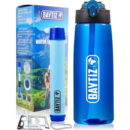 | Gourde Filtrante + Paille De Survie Au Charbon Actif - Bouteille Filtre À Eau Nomade : Voyage Randonnée Trek Camping Kit Purificateur Réutilisable + Boussole Plastique Sac Pluie Catastrophe