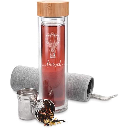 Voyage Bouteille De Thé En Verre - Gourde Avec Infuseur En Inox Pour Sachet Et Fruits - Bouteille Double Paroi Verre - Transport De Boissons - 450ml