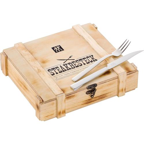 Poli Couverts À Steak (12 Pièces), Pour 6 Personnes, 6 Couteaux Et 6 Fourchettes À Steak, Acier Inoxydable, Inclus : Boîte De Rangement En Bois