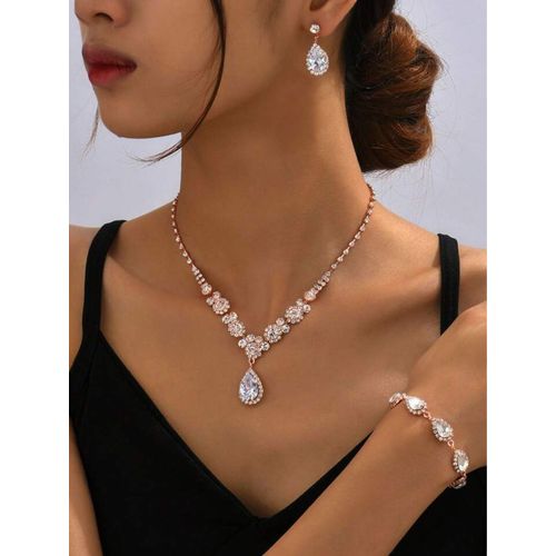 Ensemble De Bijoux Mariée : Collier, Boucles D'oreilles & Bracelet En Plaqué Or Zirconia, 3 Pièces.