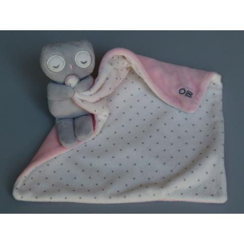 Doudou Chouette Gris Mouchoir Rose Blanc Obaïbi