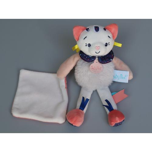 Doudou Chat Blanc Rose Gris Mouchoir Baby Nat'