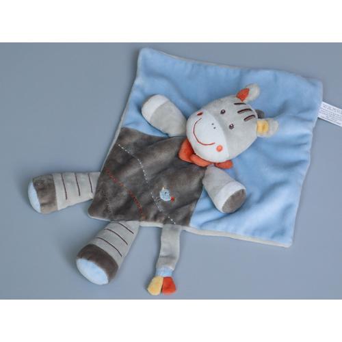 Doudou Zèbre Plat Bleu Blanc Gris Orange Nicotoy