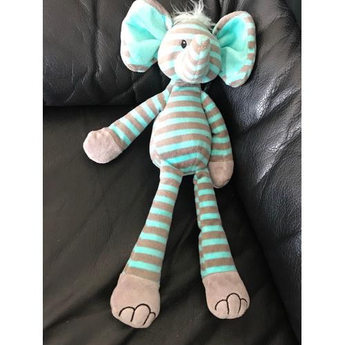 Doudou Éléphant Max & Sax Rayé Vert Gris Carrefour 35 Cm