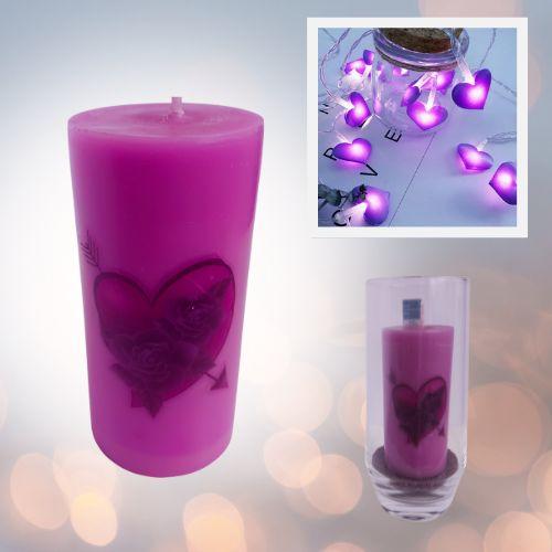 Coffret Bougie violette décorée + photophore + guirlande lumineuse coeurs led