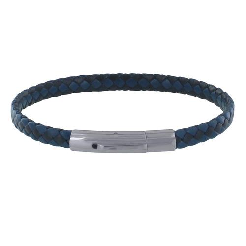 Les Poulettes Bijoux - Bracelet Homme Cuir Tréssé Plat Bicolore Bleu Navy Et Noir