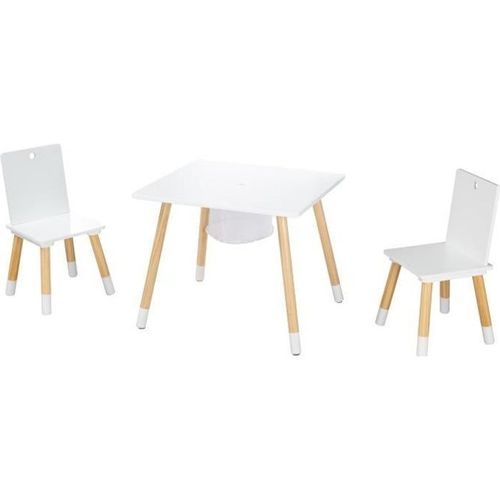 Roba Ensemble De Sièges - Chaises Et Table En Bois Blanc + Filet De Rangement - 3 Pièces - Pieds En Bois Massif