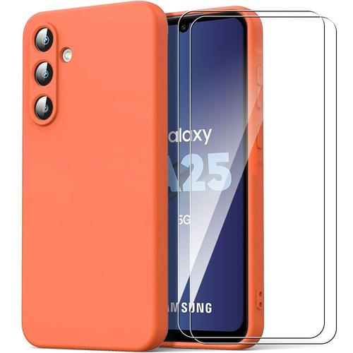 Coque Pour Samsung Galaxy A25 5g, Orange Protection Silicone Antichoc Slim + 2 Verres Trempés - E.F.Connection