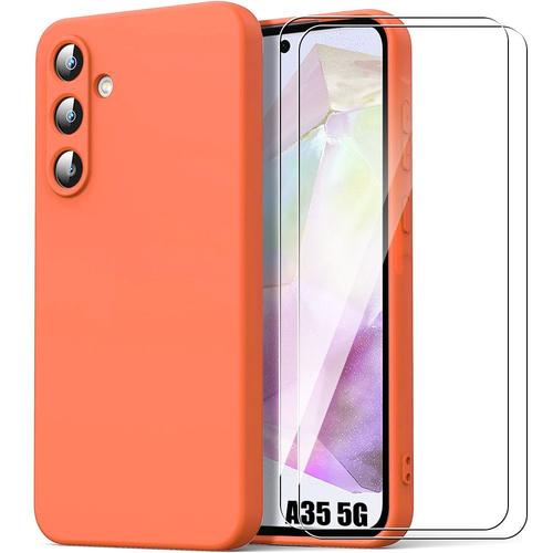 Coque Pour Samsung Galaxy A35 5g - Protection Silicone Liquide Ultra Slim Orange + 2 Verres Trempés - E.F.Connection