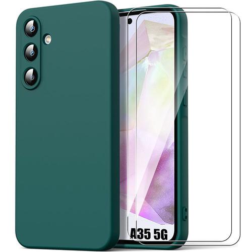 Coque + 2 Verres Trempés Pour Samsung Galaxy A35 5g, Protection Ultra Slim Antichoc Anti-Rayures Vert Nuit - E.F.Connection