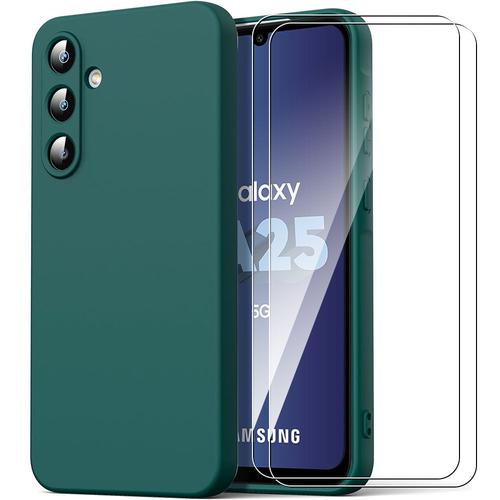 Coque + 2 Verres Trempés Pour Samsung Galaxy A25 5g, Protection Ultra Slim Antichoc Anti-Rayures - Vert Nuit - E.F.Connection