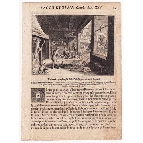 Gravure 1720 Jacob Vend À Esaü Son Droit Daînesse Pour Un Peu De Lentilles Bible Religion