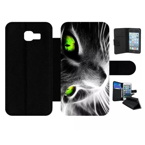 Etui À Rabat Pour Galaxy A5 (2017) - Chat Noir Et Blanc Yeux Vert - Simili-Cuir - Noir