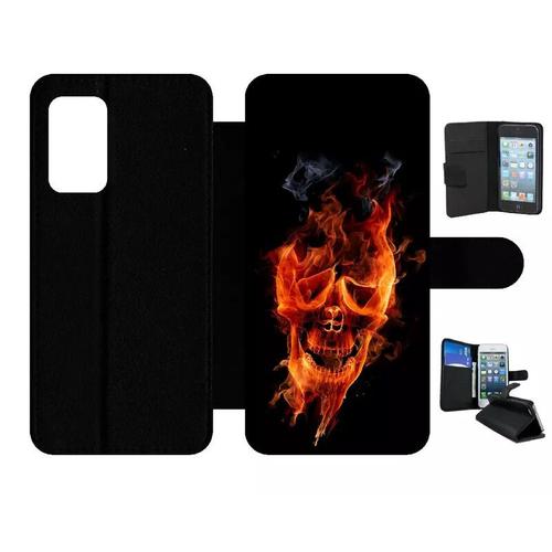 Etui À Rabat Pour Galaxy A52 5g - Crane En Feu Fire Skull - Simili-Cuir - Noir