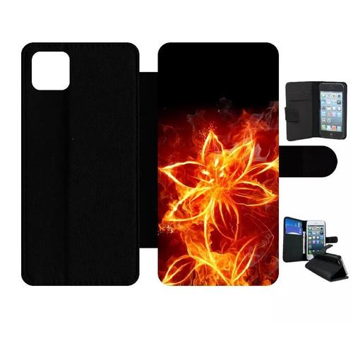 Etui À Rabat Pour Galaxy A22 5g - Fleur En Feu Fire Flowers - Simili-Cuir - Noir