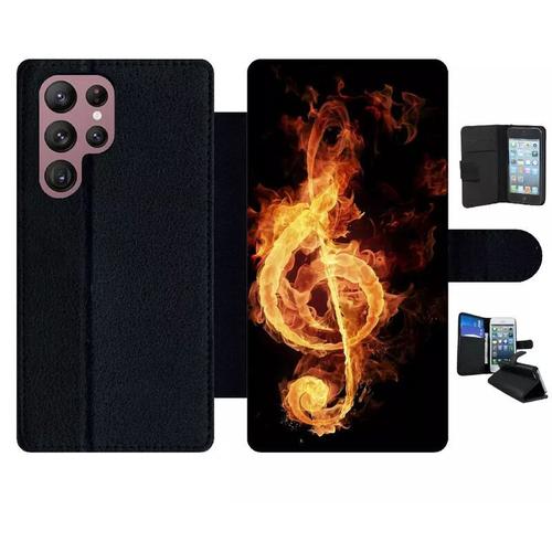 Etui À Rabat Pour Galaxy S22 Ultra 5g - Clef De Sol En Feu - Simili-Cuir - Noir