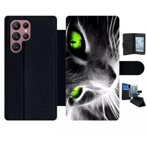 Etui À Rabat Pour Galaxy S22 Ultra 5g - Chat Noir Et Blanc Yeux Vert - Simili-Cuir - Noir