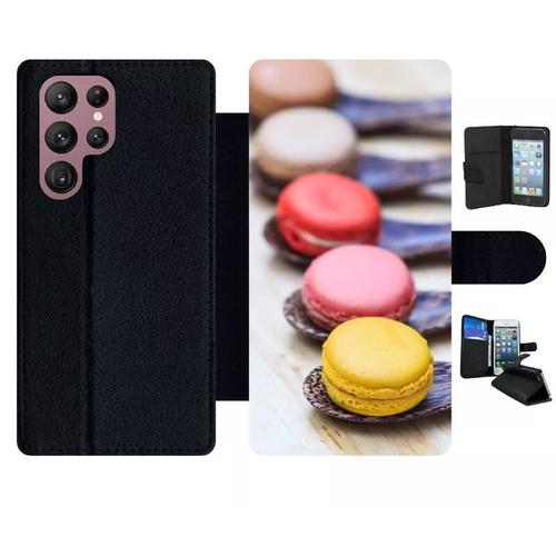 Etui À Rabat Pour Galaxy S22 Ultra 5g - Gourmandise De Macaron - Simili-Cuir - Noir