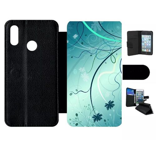 Etui À Rabat Pour Honor 10 Lite - Abstrait Turquoise Fleur - Simili-Cuir - Noir