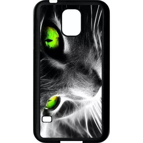 Coque Pour Galaxy S5 - Chat Noir Et Blanc Yeux Vert - Noir