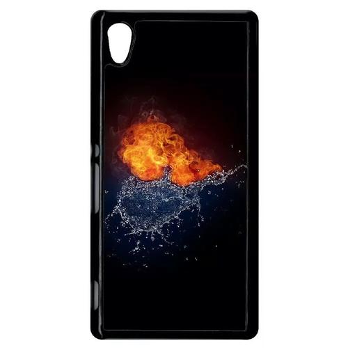 Coque Pour Xperia M4 Aqua - Duo De Coeurs Eau Et Flamme - Noir