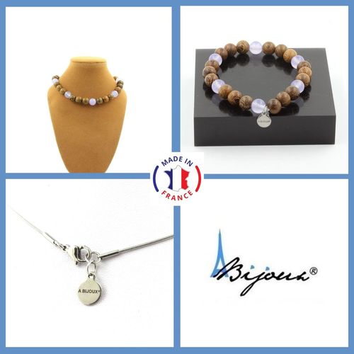 Parure Bijoux Bracelet Collier Perles Bois + Calcédoine Lavande 8 Mm. Taille Personnalisable.
