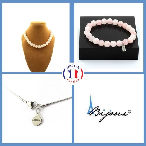 Parure Bijoux Bracelet Collier Perles Quartz Rose 8 Mm. Chaine En Taille Personnalisable.