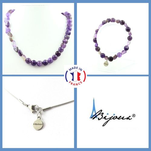 Parure Bijoux Bracelet Collier Perles Améthyste Du Brésil + Améthyste Taille Personnalisable.