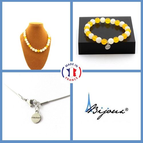 Parure Bijoux Bracelet Collier Perles Agate Jaune + Pierre De Lune 8 Taille Personnalisable.