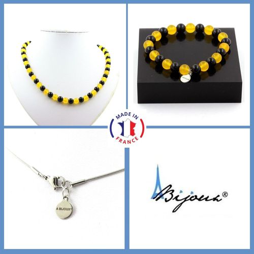 Parure Bijoux Bracelet Collier Perles Agate Noire + Agate Jaune 8 Mm. Taille Personnalisable.