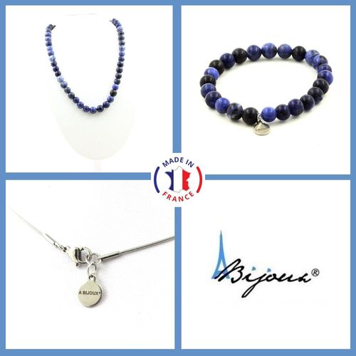 Parure Bijoux Bracelet Collier Perles Sodalite 8 Mm. Chaine En Acier Taille Personnalisable.