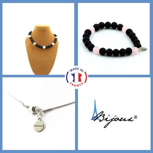 Parure Bijoux Bracelet Collier Perles Onyx Noir Mat + Quartz Rose 8 Taille Personnalisable.