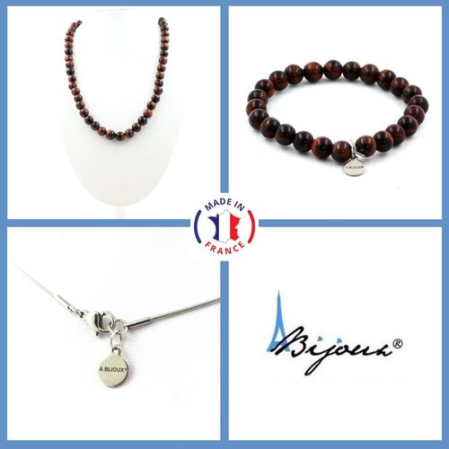 Parure Bijoux Bracelet Collier Perles Oeil De Tigre Rouge 8 Mm. Chaine Taille Personnalisable.