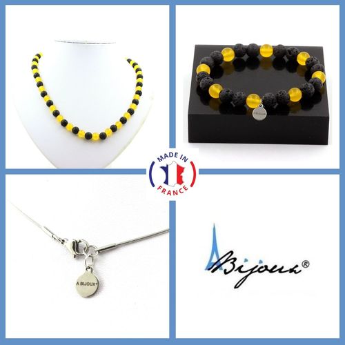 Parure Bijoux Bracelet Collier Perles Agate Jaune + Lave 8 Mm. Chaine Taille Personnalisable.