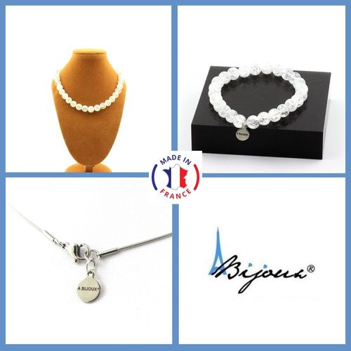Parure Bijoux Bracelet Collier Perles Quartz Craquelé Du Brésil 8 Mm. Taille Personnalisable.