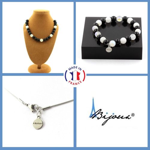 Parure Bijoux Bracelet Collier Perles Agate Noire + Pierre De Lune 8 Taille Personnalisable.