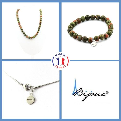 Parure Bijoux Bracelet Collier Perles Unakite 8 Mm. Chaine En Acier Taille Personnalisable.