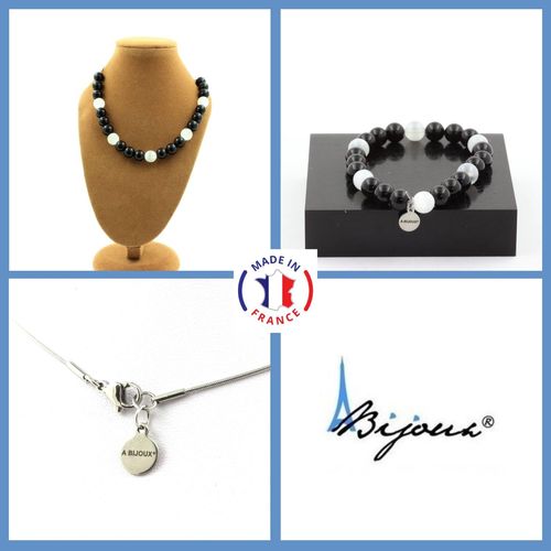 Parure Bijoux Bracelet Collier Perles Agate Noire + Selenite Du Maroc Taille Personnalisable.