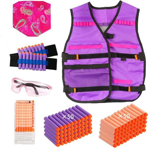 Locisne Gilet Tactique pour Fille Enfant,kit Gilet Tactique avec 100 balles Recharge,2 Bracelets,1 Masque Foulard,1 Masque Protection,1 Clip rechargement de fléchettes pour N-Strike Elite Series