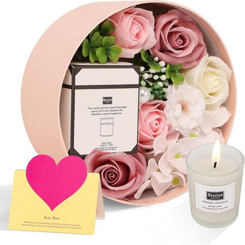 Femmes Savon Fleur Boîte Ronde avec Bougies Parfumées Rose Fleur Artificielle Coffret Cadeau Maman Personnalisé Anniversaire Fête des Mères Saint Valentin Noël