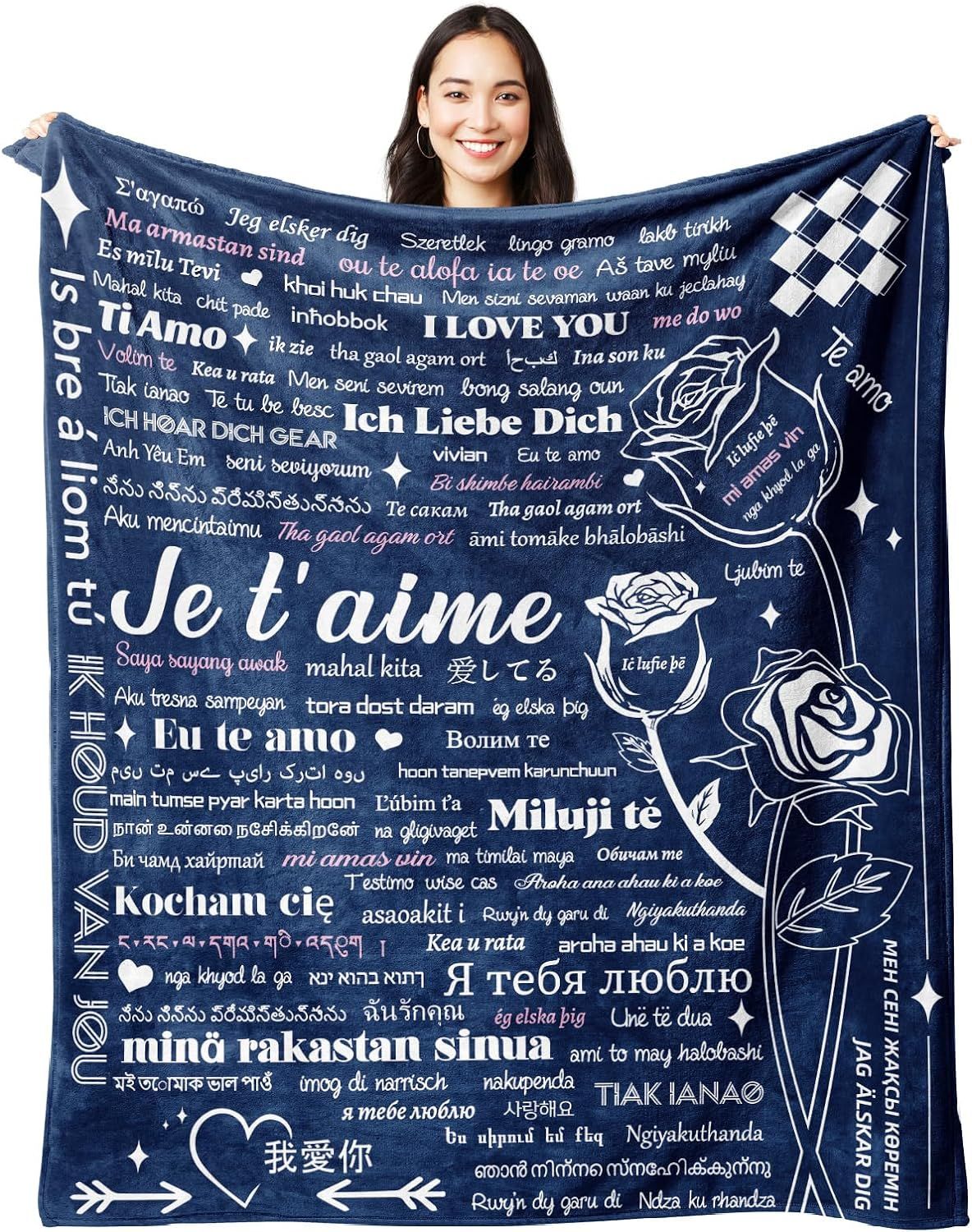 | Une Couverture avec 'Je t'aime' dans 100 Langues | Idée Cadeau Amoureux, Couple, Mari, Femme Tendresse, Amitié, Famille, Anniversaire, 62 * 52IN