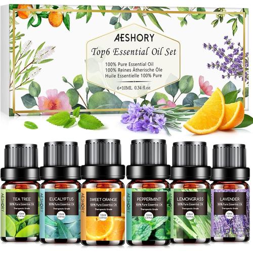 Kit Huiles Essentielles 6x10ml, Huile Essentielle Aromathérapie Pures & Naturelle, Pour Diffuseurs, Massage, Yoga - Lavande, Orange Douce, Menthe Poivrée, Arbre À Thé, Citronnelle, Eucalyptus 