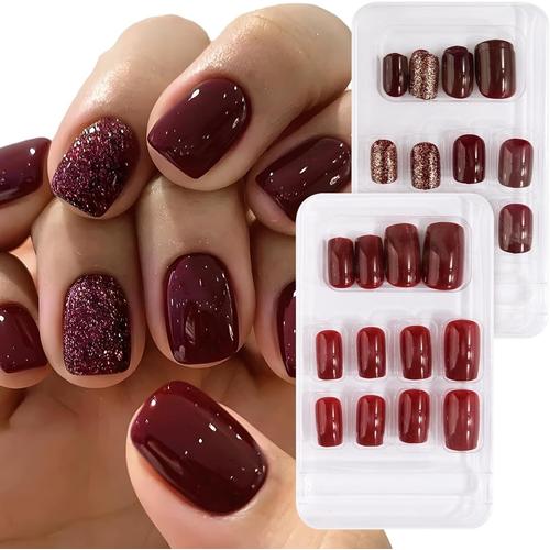 48pcs Faux Ongles Court Nail Ongle Couverture Complète Rouge En Abs Transfert Pochoir Décoration Diy Accessoire De Manucure Pour Femme Fille Fête 