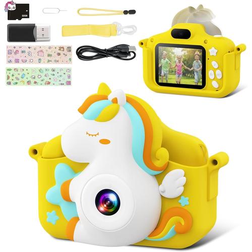 Appareil Photo Enfant, 1080p HD Appareil Photo Numérique Enfants avec 32GB Carte, Double Objectif Enfants Caméra Vidéo Selfie, Anniversaire Noël Cadeau pour Filles Garçons 3-12 Ans (Jaune)