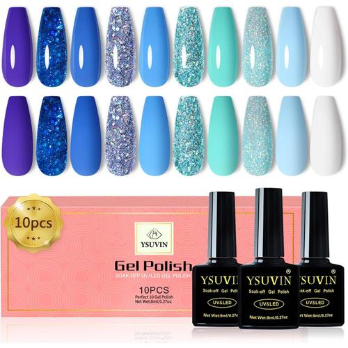 Vernis Semi Permanent Bleu, 10 Couleurs Pastel D'été Rêve Vert Bleu Turquoise Bleu Ciel Cyan Brillant Bleu Vernis Gel Soak Off UV Nail Art Manucure Kit, Bord Mer/Vacances/Tourisme