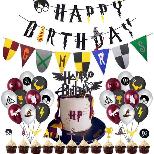 Black Décorations d'anniversaire pour la fête Hary Pot, bannière en feutre Magic Academy Burgee, bannière Mugle Happy Birthday Wizard, ballons Wizard, cupcake toppers de fête d'enfants Thème HP